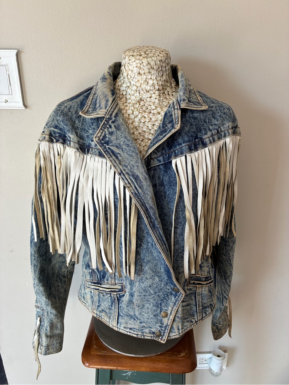 Vintage 80s Fringe Accent Washed Denim Jacket - Blue with White Fringe